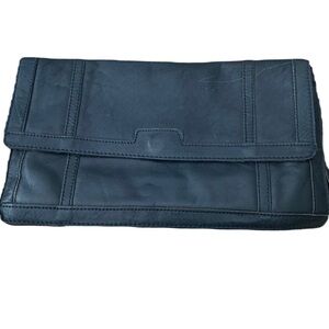 Vintage Black Leather Envelope Clutch Bag with Stitching Details